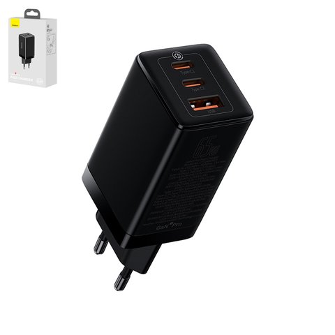 Мережевий зарядний пристрій Baseus GaN3 Pro, 65 Вт, Quick Charge, чорний, з кабелем USB тип C до USB тип C, 3 порта, #CCGP050101