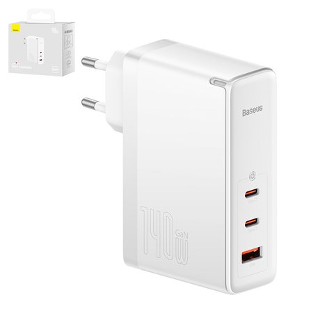 Mains Charger Baseus GaN5 Pro, 140 W, Quick Charge, white, with cable USB type C to USB type C, 3 outputs  #CCGP100202
