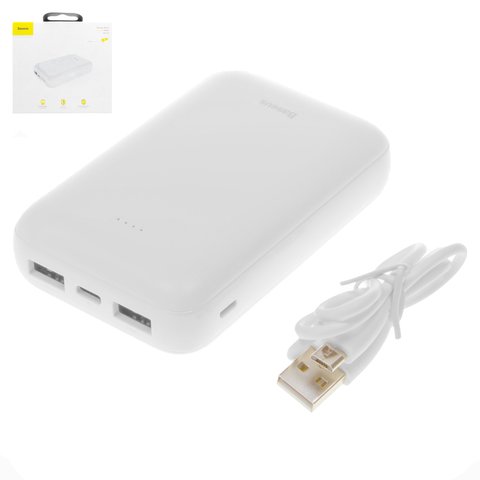 Power bank Baseus X10, 10000 mAh, USB tipo C entrada 5V 2.1A, micro USB tipo B entrada 5V 2.1A, 2 USB salidas 5V 1A 2,1A, 92*61*22 mm, blanco, #PPJAN A02