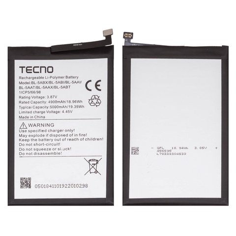 Batería BL 5ABX puede usarse con Infinix Hot 50 4G X6882 , Hot 50 5G X6720 , Hot 50i X6531 , Li Polymer, 3.87 V, 5000 mAh, Original PRC 